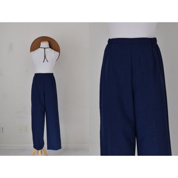 Vintage 80s Blue Gathered Waist Polyester Trousers‎ | 30-34 waist - Picture 1 of 9